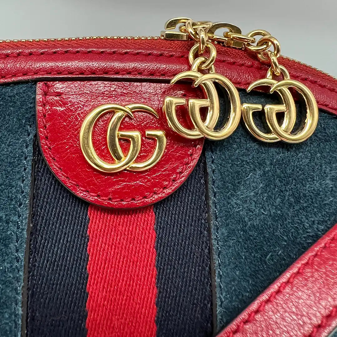 Gucci Marmont Ophidia Blue Suede Red Wildleder GG Crossbody Tasche sehr gut