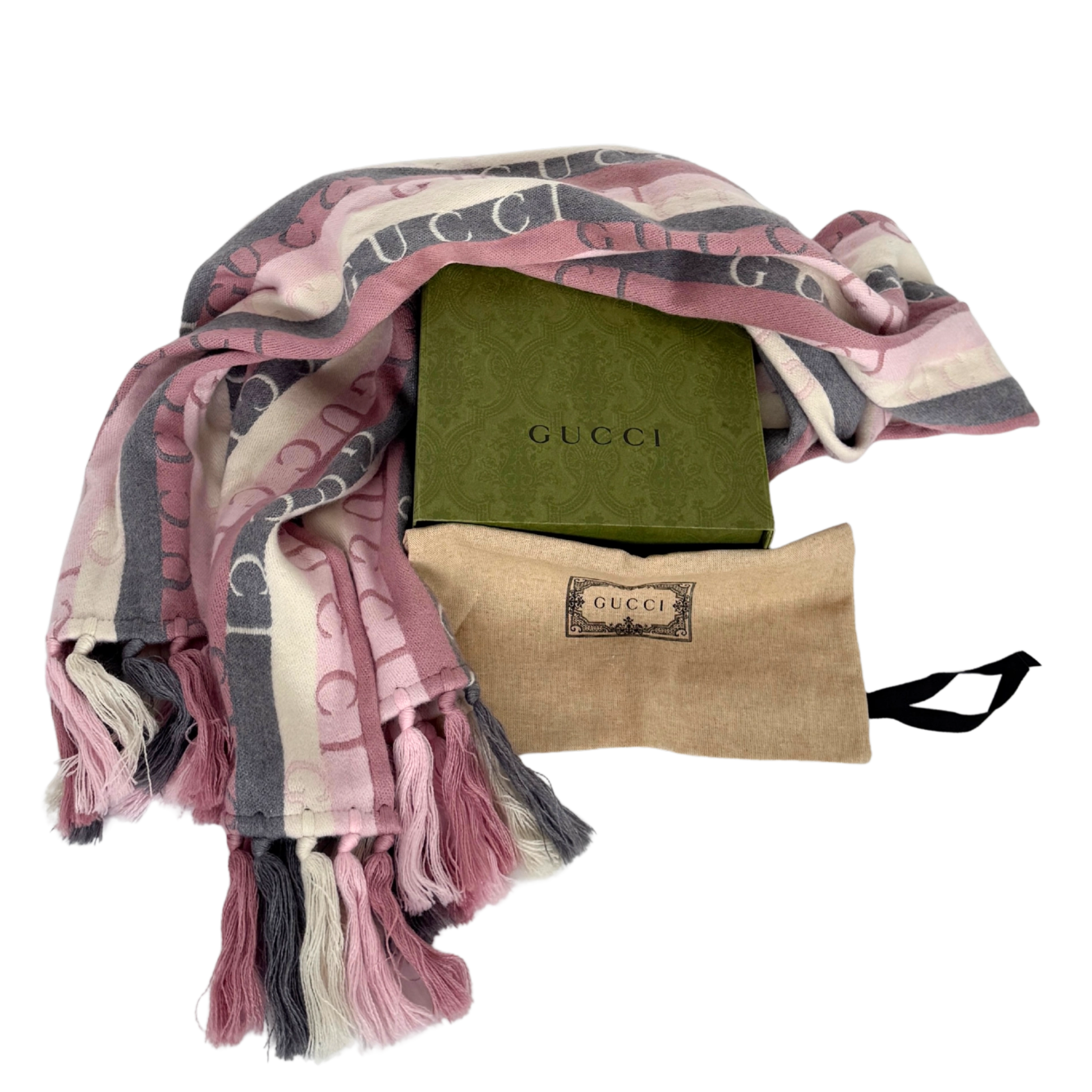 Gucci Gestreifter Schal aus Wolle Grau Rosa / neuwertig Gucci