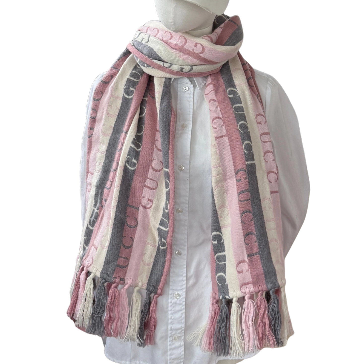 Gucci Gestreifter Schal aus Wolle Grau Rosa / neuwertig Gucci