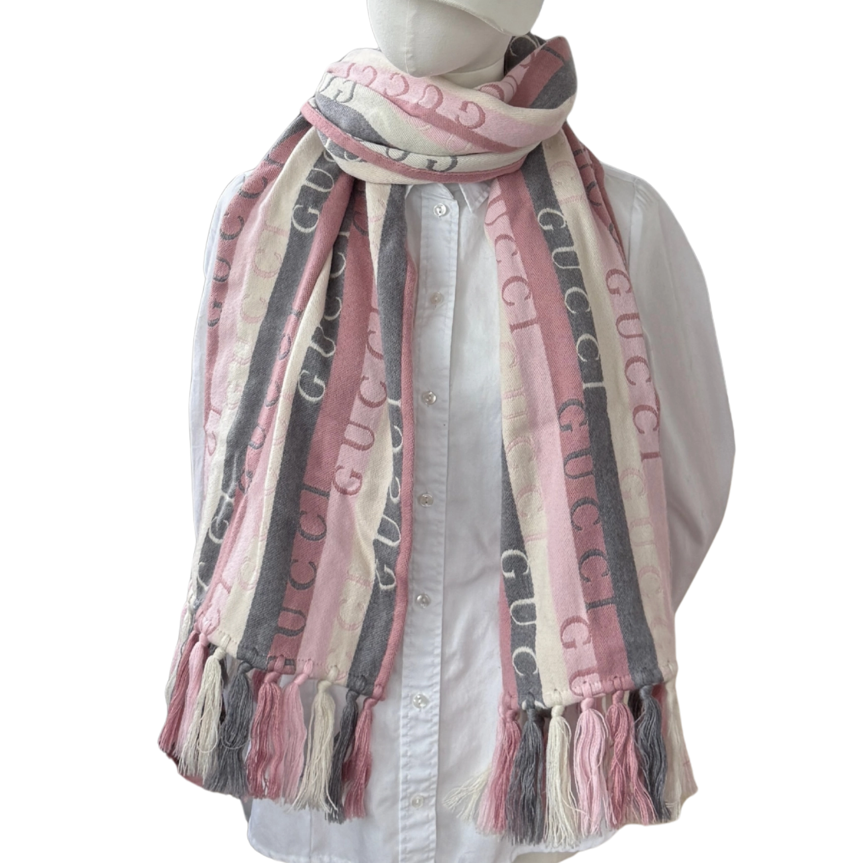 Gucci Gestreifter Schal aus Wolle Grau Rosa / neuwertig Gucci