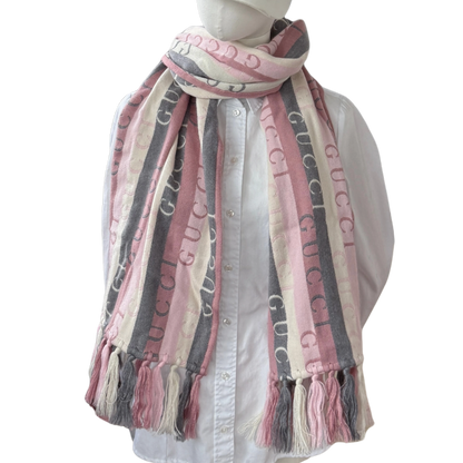 Gucci Gestreifter Schal aus Wolle Grau Rosa / neuwertig Gucci