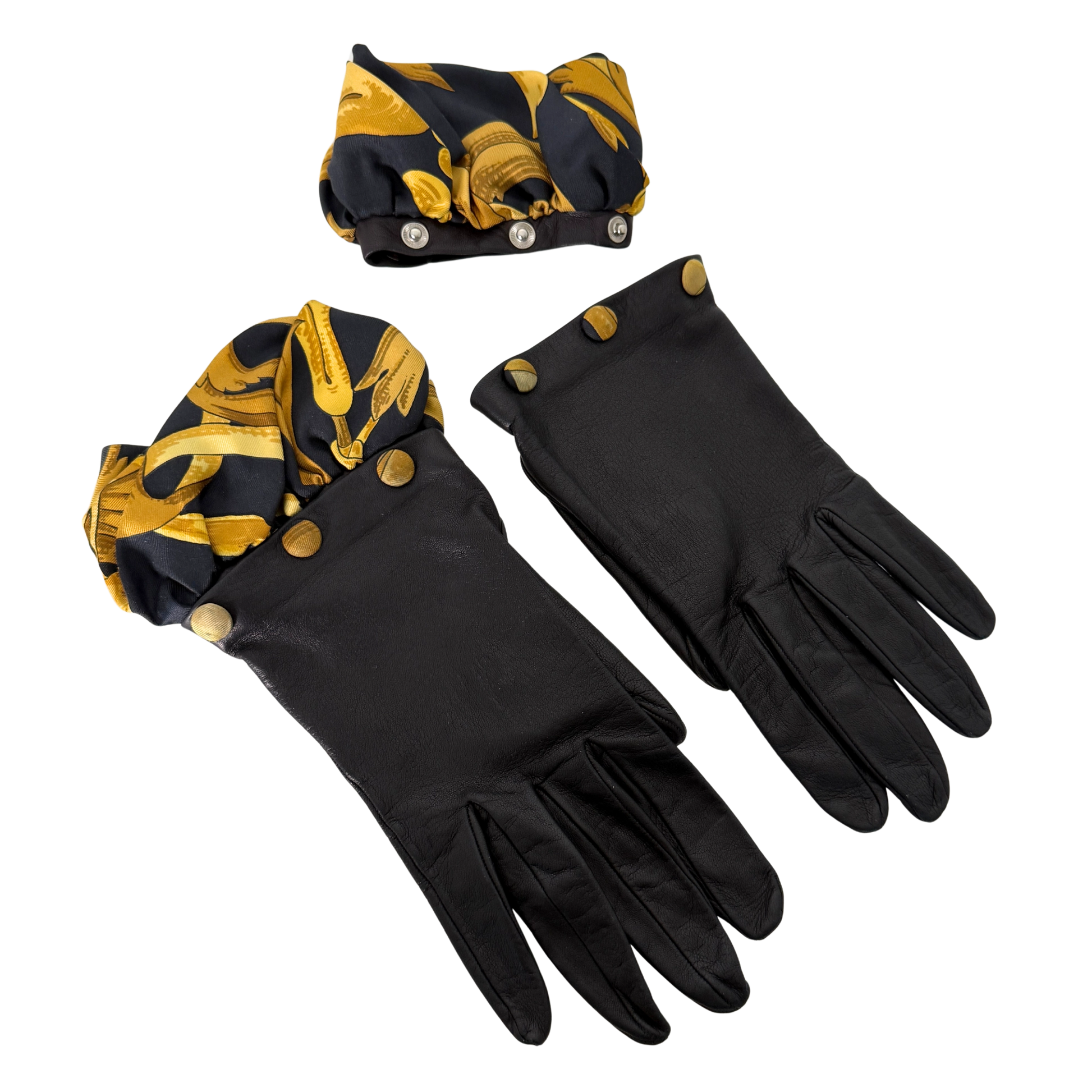 Hermès Lederhandschuhe mit Seidensaum Schwarz / neuwertig Hermès