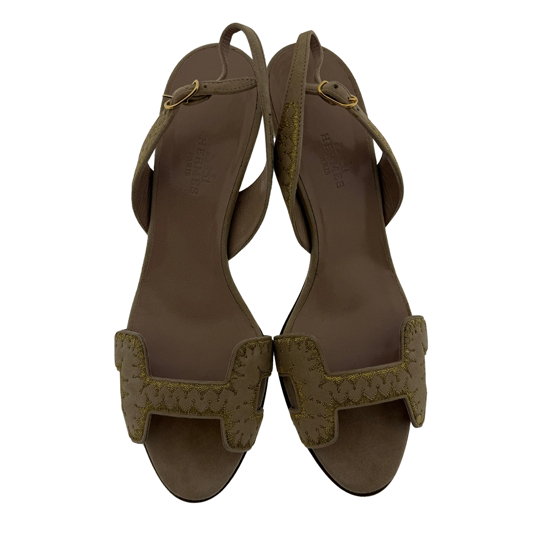 Hermès Premières Sandalen aus Veloursleder beige gold Größe 37 / sehr gut Hermès