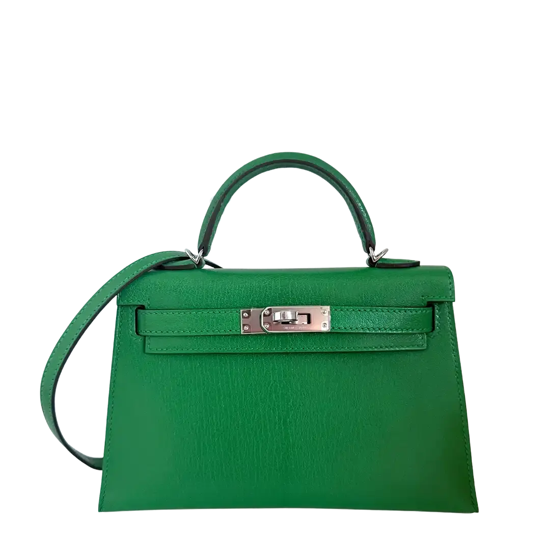 Hermès Mini Kelly II 20 Sellier Chevre Chamkila 1k Bambou (grün) Paladium Fullset / ungetragen Hermès