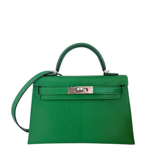 Hermès Mini Kelly II 20 Sellier Chevre Chamkila 1k Bambou (grün) Paladium Fullset / ungetragen Hermès