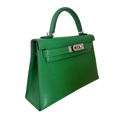 Hermès Mini Kelly II 20 Sellier Chevre Chamkila 1k Bambou (grün) Paladium Fullset / ungetragen Hermès