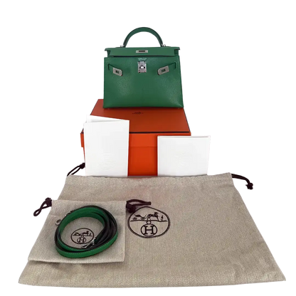 Hermès Mini Kelly II 20 Sellier Chevre Chamkila 1k Bambou (grün) Paladium Fullset / ungetragen Hermès