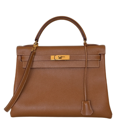 Hermès Kelly Bag 32 Clemence Leder goldene Hardware braun / sehr gut