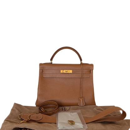 Hermès Kelly Bag 32 Clemence Leder goldene Hardware braun / sehr gut