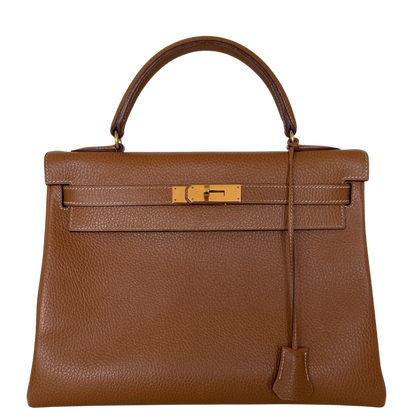 Hermès Kelly Bag 32 Clemence Leder goldene Hardware braun / sehr gut