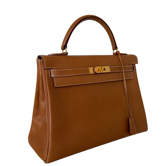 Hermès Kelly Bag 32 Clemence Leder goldene Hardware braun / sehr gut