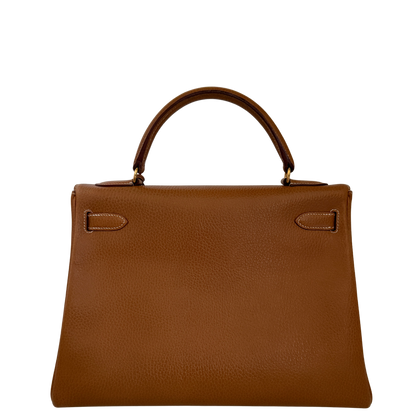 Hermès Kelly Bag 32 Clemence Leder goldene Hardware braun / sehr gut