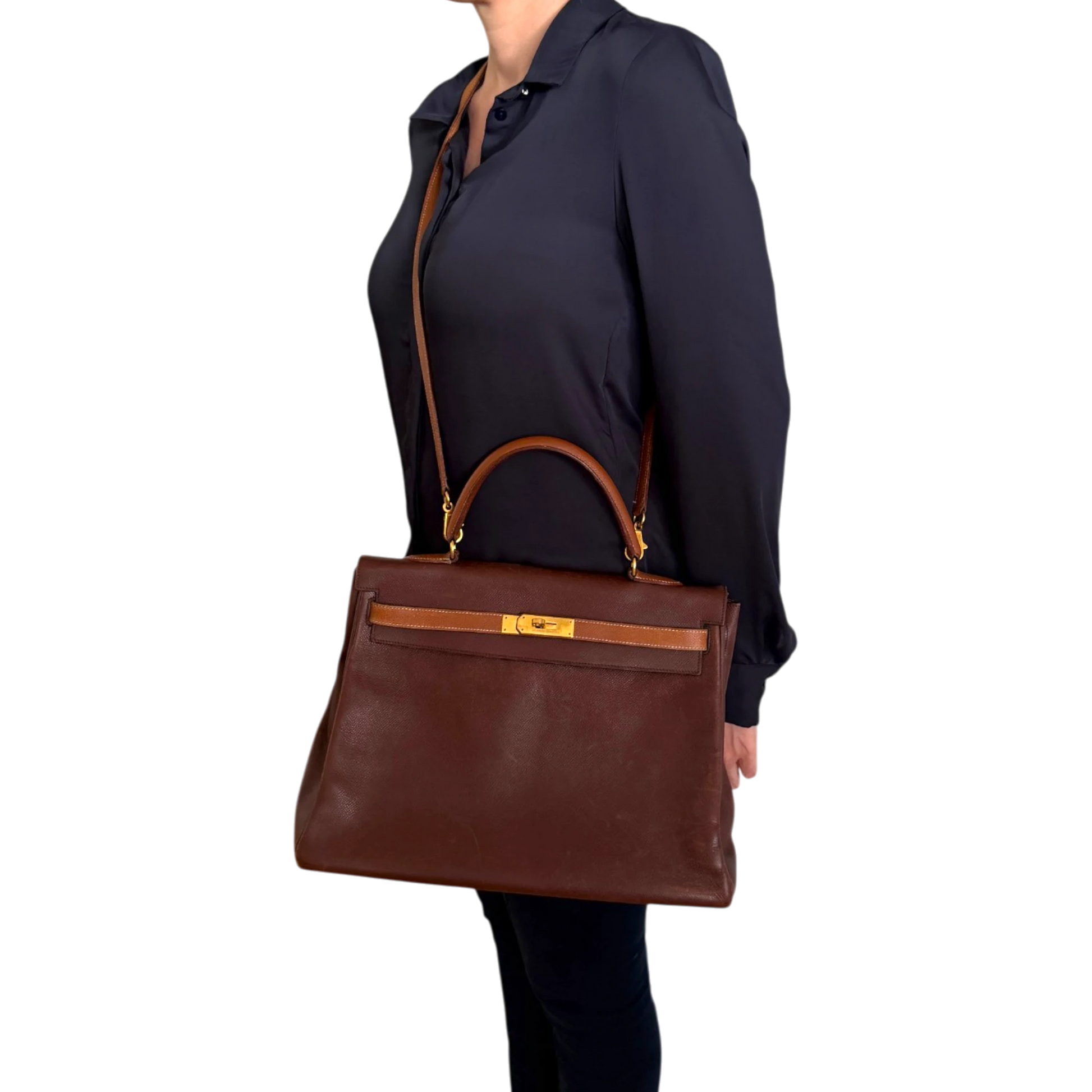 Hermès Kelly 35 Retourne Courchevel Havane/Gold Bicolor GHW 1993 Echtheitscheck