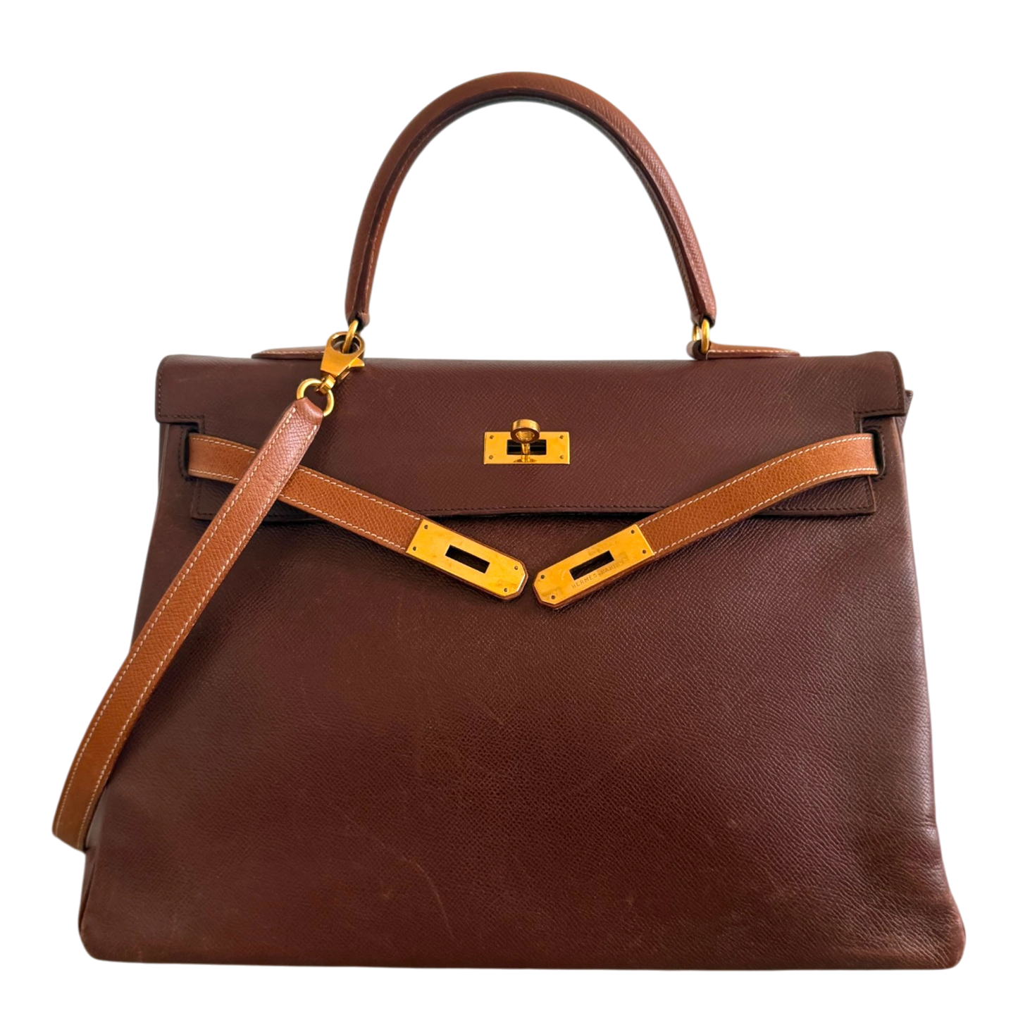 Hermès Kelly 35 Retourne Courchevel Havane/Gold Bicolor GHW 1993 Echtheitscheck