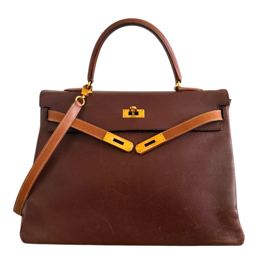 Hermès Kelly 35 Retourne Courchevel Havane/Gold Bicolor GHW 1993 Echtheitscheck