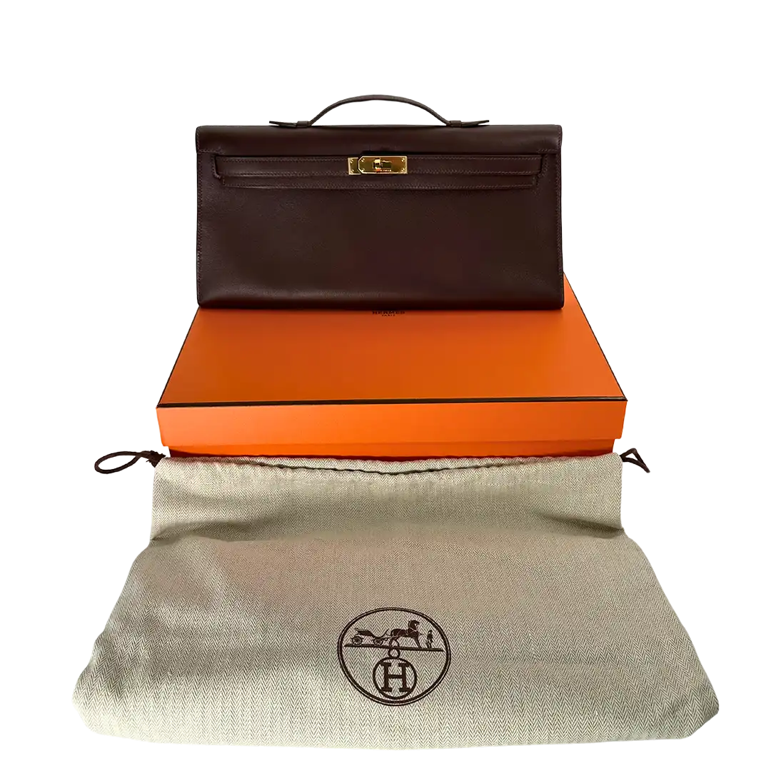 Hermès Kelly Cut Clutch Swift braun / ungetragen Echtheitscheck