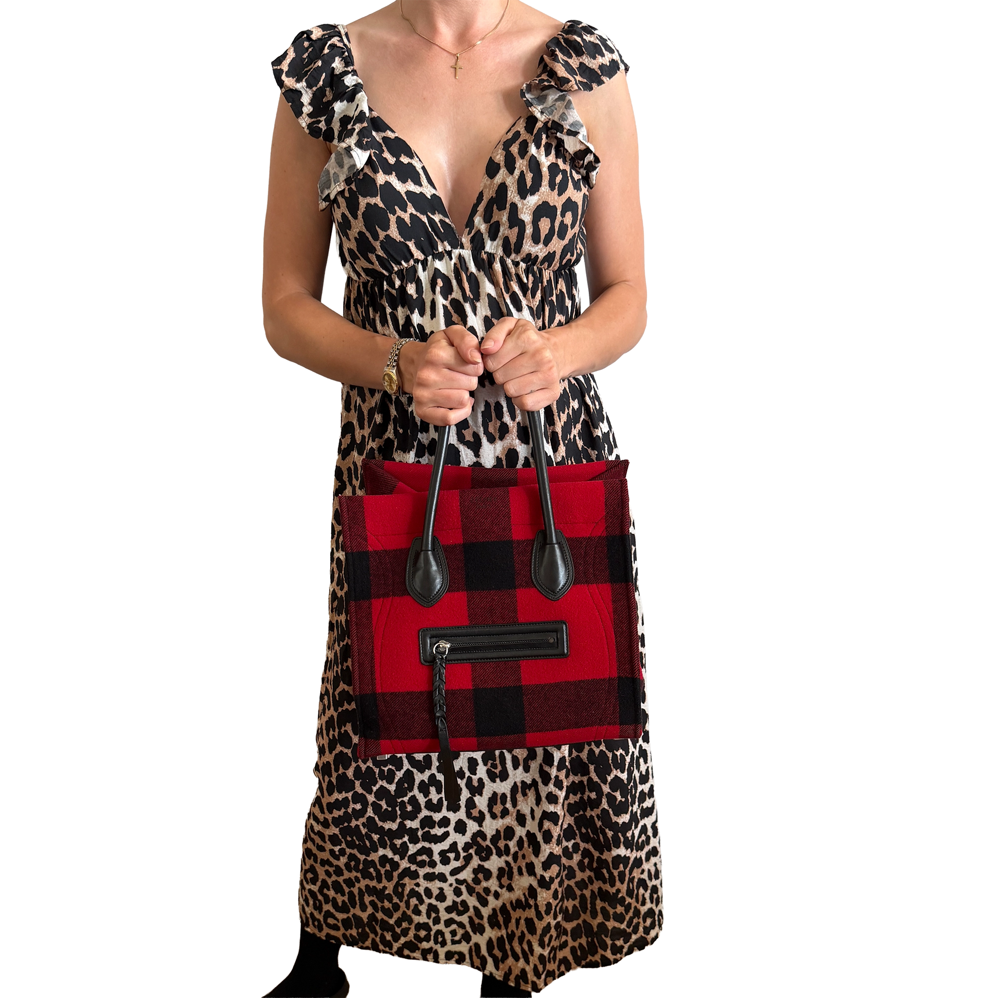 CELINE Tartan Phantom Luggage Bag Wolle rot schwarz / gut CELINE
