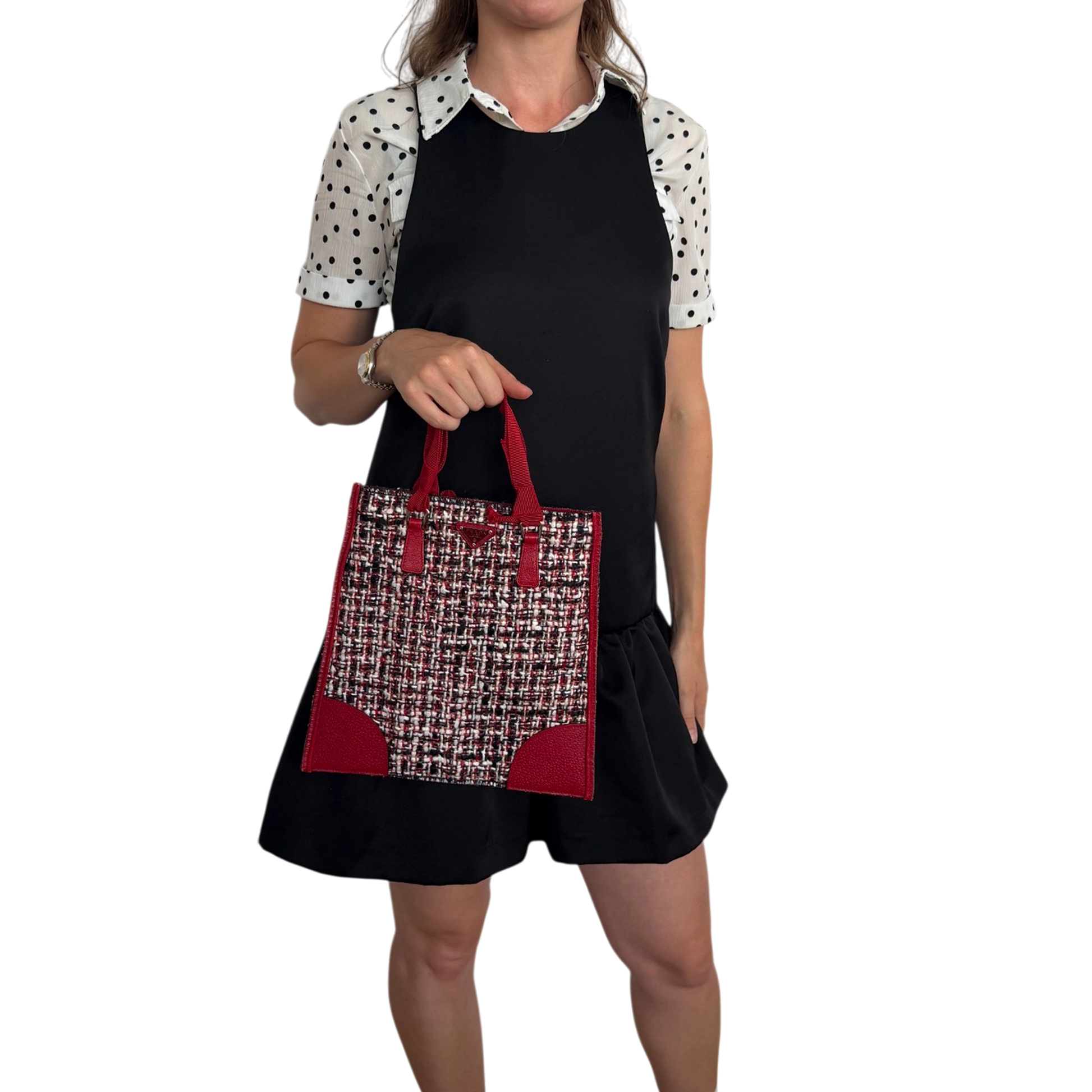 Prada Shopping Tote Bag Tweed/Bouclé rot / sehr gut Echtheitscheck