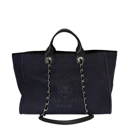Chanel Deauville mittelgroße Tasche Navy silberne Hardware 2022 Chanel