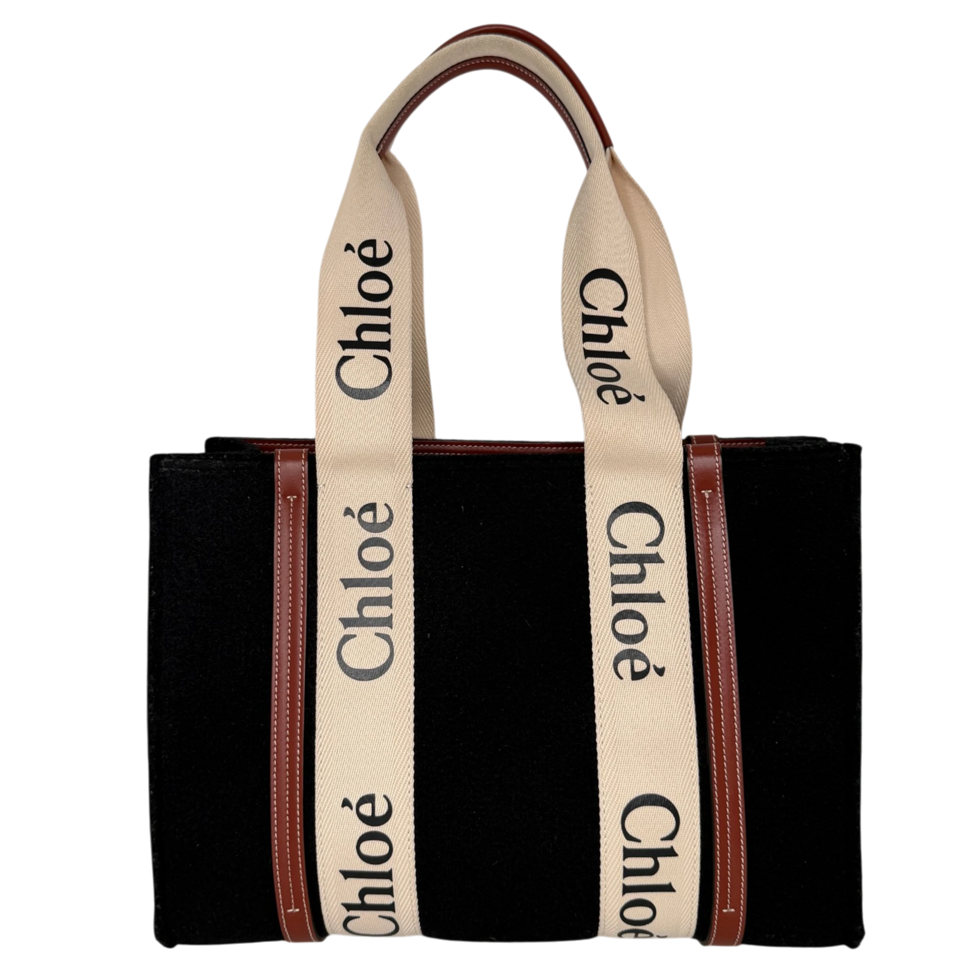 Chloé Woody Medium Tote Bag Schwarz Filz Chloé Logoband Braunes Leder Chloé