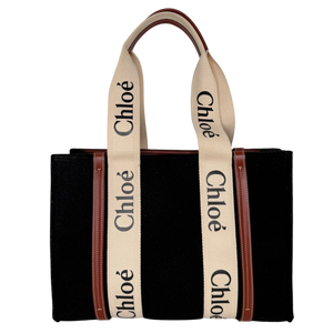 Chloé Woody Medium Tote Bag Schwarz Filz Chloé Logoband Braunes Leder
