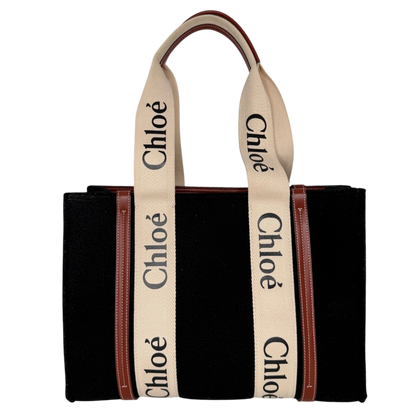 Chloé Woody Medium Tote Bag Schwarz Filz Chloé Logoband Braunes Leder Chloé