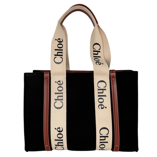 Chloé Woody Medium Tote Bag Schwarz Filz Chloé Logoband Braunes Leder Chloé