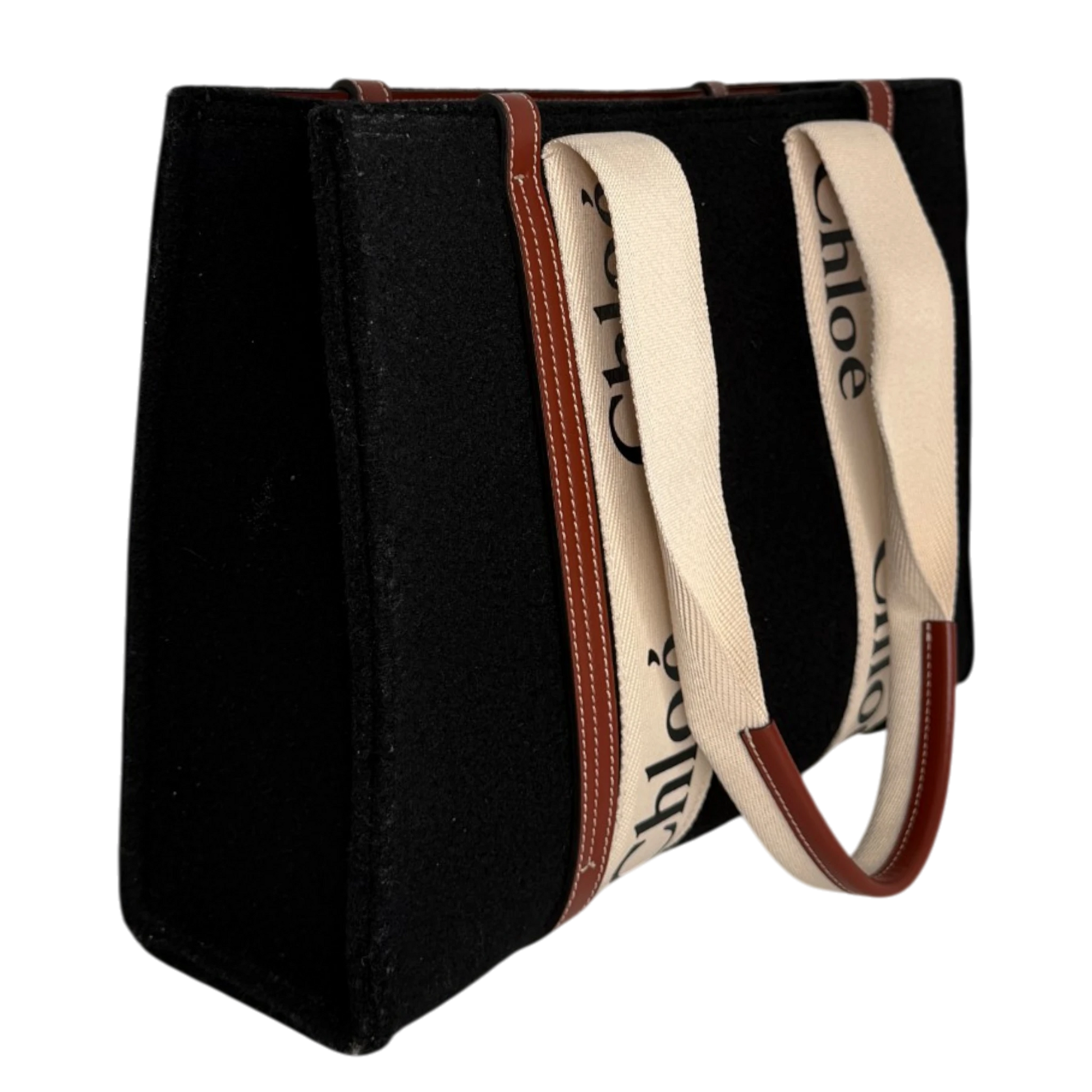 Chloé Woody Medium Tote Bag Schwarz Filz Chloé Logoband Braunes Leder Chloé