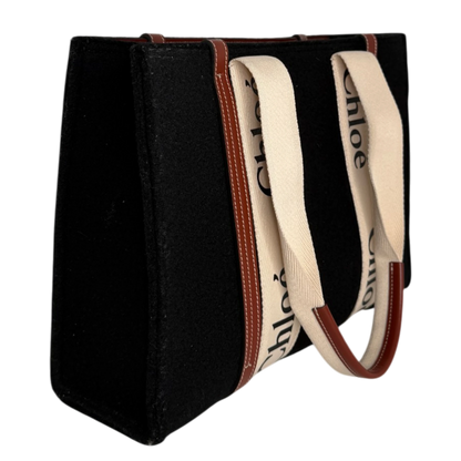 Chloé Woody Medium Tote Bag Schwarz Filz Chloé Logoband Braunes Leder Chloé