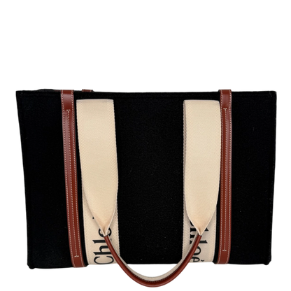Chloé Woody Medium Tote Bag Schwarz Filz Chloé Logoband Braunes Leder Chloé