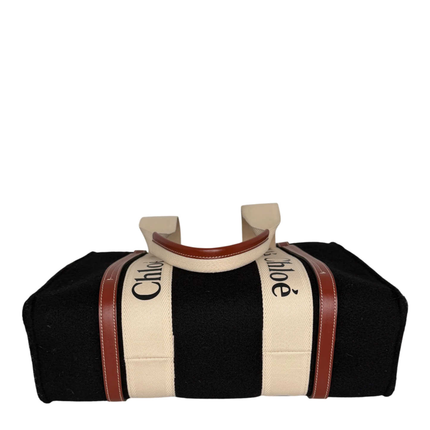 Chloé Woody Medium Tote Bag Schwarz Filz Chloé Logoband Braunes Leder Chloé