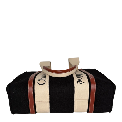 Chloé Woody Medium Tote Bag Schwarz Filz Chloé Logoband Braunes Leder Chloé