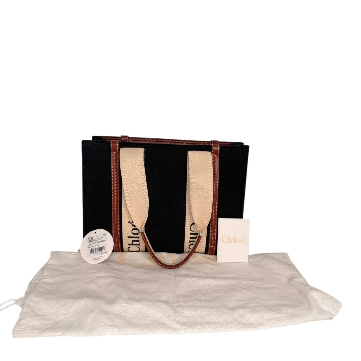 Chloé Woody Medium Tote Bag Schwarz Filz Chloé Logoband Braunes Leder Chloé