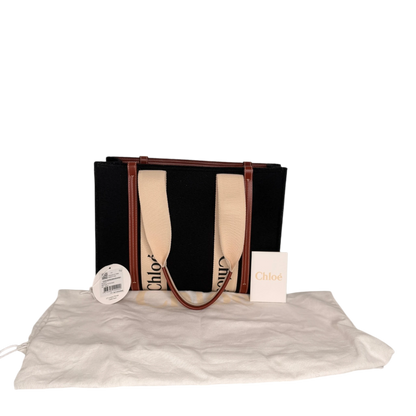 Chloé Woody Medium Tote Bag Schwarz Filz Chloé Logoband Braunes Leder Chloé