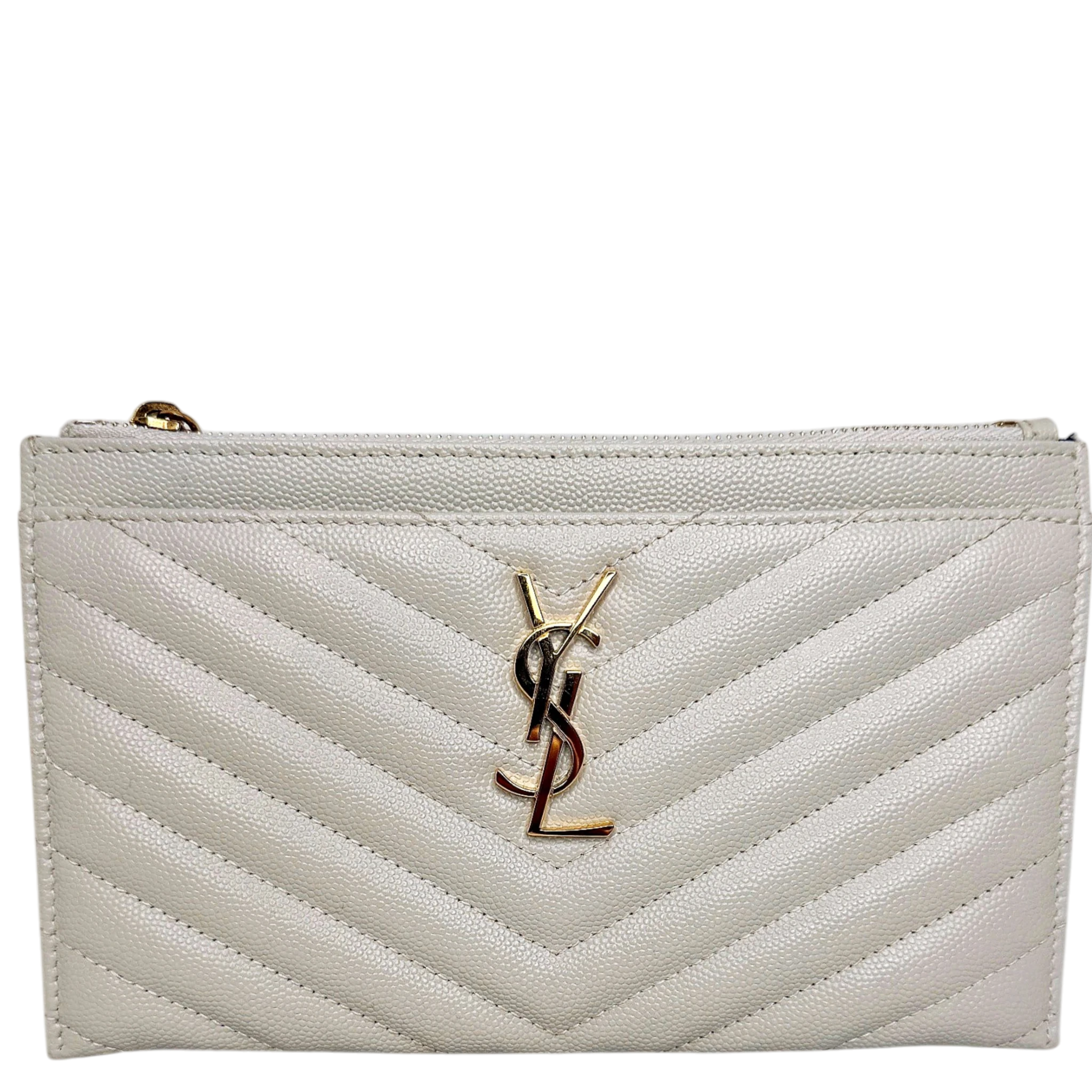 Saint Laurent Monogram Bill Pouch Grain de Poudre Creme Weiß Gold Saint Laurent