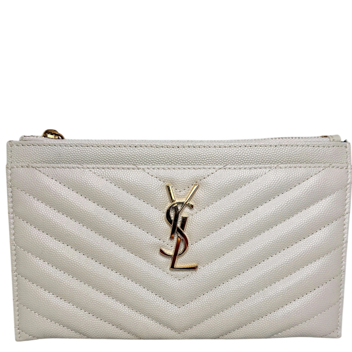 Saint Laurent Monogram Bill Pouch Grain de Poudre Creme Weiß Gold Saint Laurent