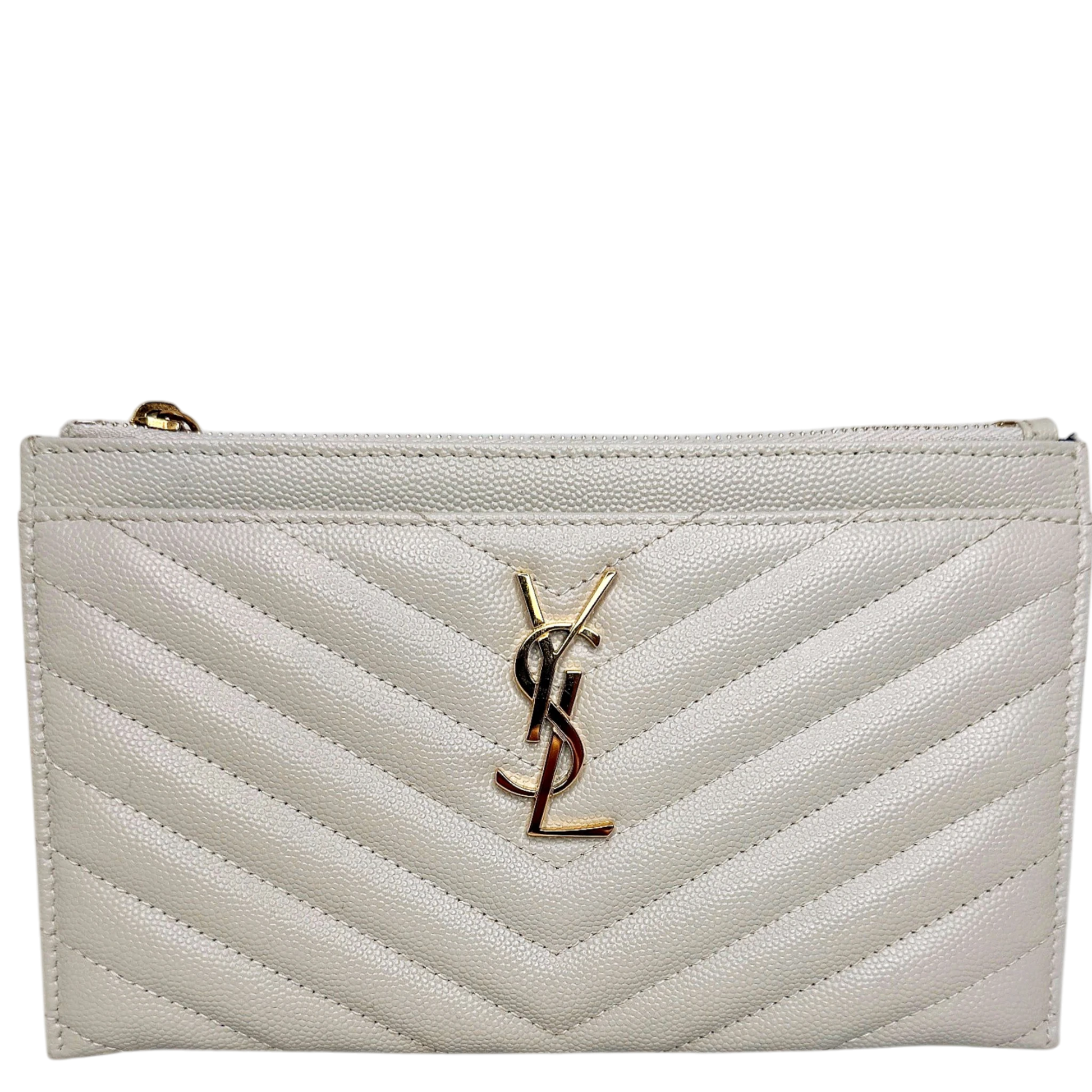 Saint Laurent Monogram Bill Pouch Grain de Poudre Creme Weiß Gold Saint Laurent