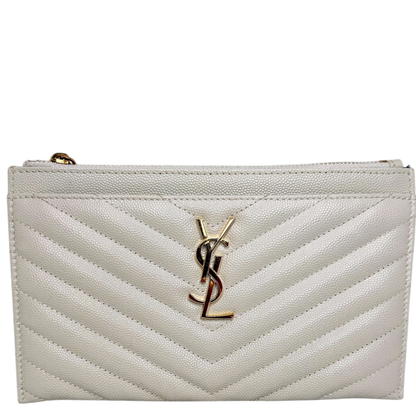 Saint Laurent Monogram Bill Pouch Grain de Poudre Creme Weiß Gold Saint Laurent