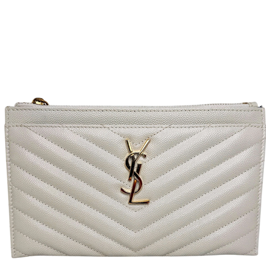 Saint Laurent Monogram Bill Pouch Grain de Poudre Creme Weiß Gold Saint Laurent