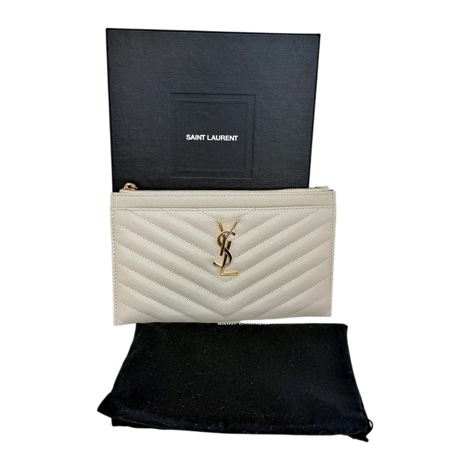 Saint Laurent Monogram Bill Pouch Grain de Poudre Creme Weiß Gold Saint Laurent