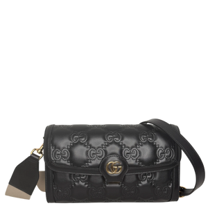Gucci GG Matelassé Small Shoulder Bag Leder Schwarz Gold 2 Riemen