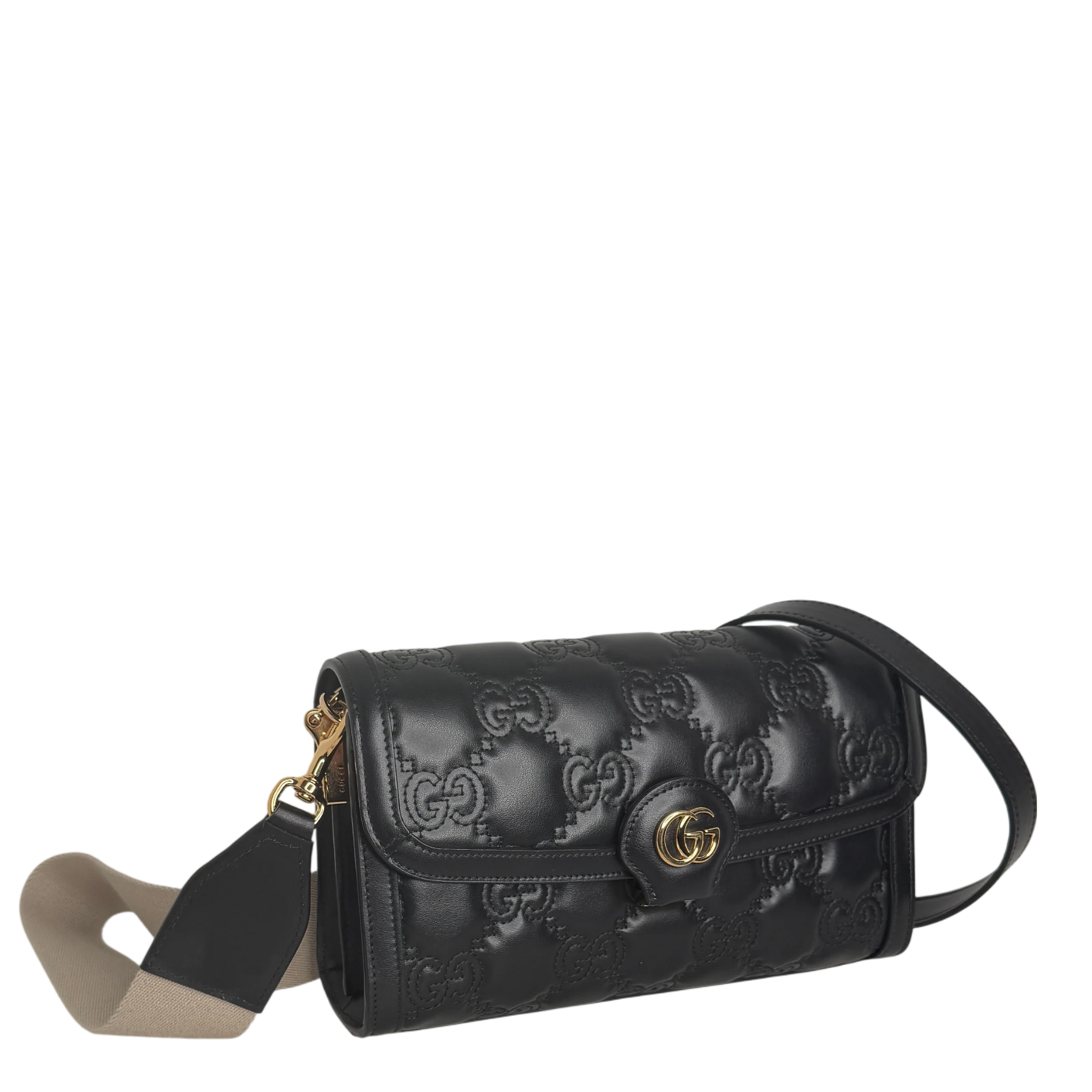 Gucci GG Matelassé Small Shoulder Bag Leder Schwarz Gold 2 Riemen Gucci