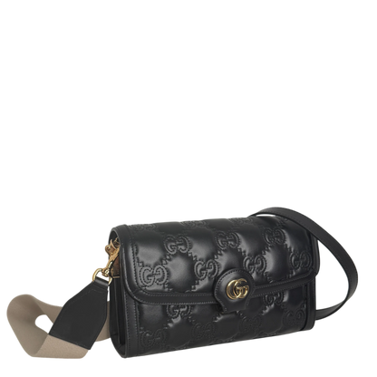 Gucci GG Matelassé Small Shoulder Bag Leder Schwarz Gold 2 Riemen Gucci