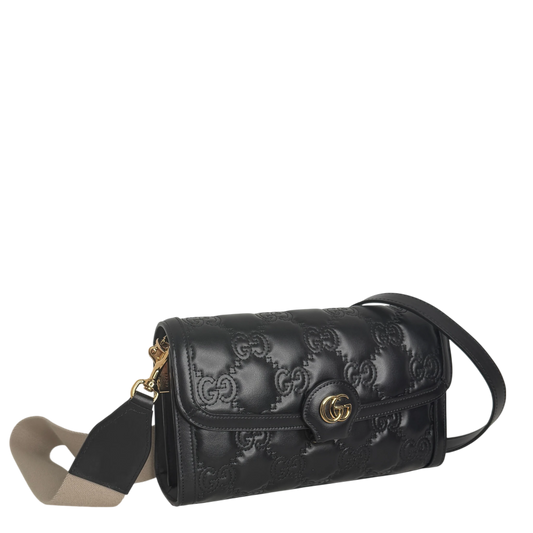 Gucci GG Matelassé Small Shoulder Bag Leder Schwarz Gold 2 Riemen Gucci