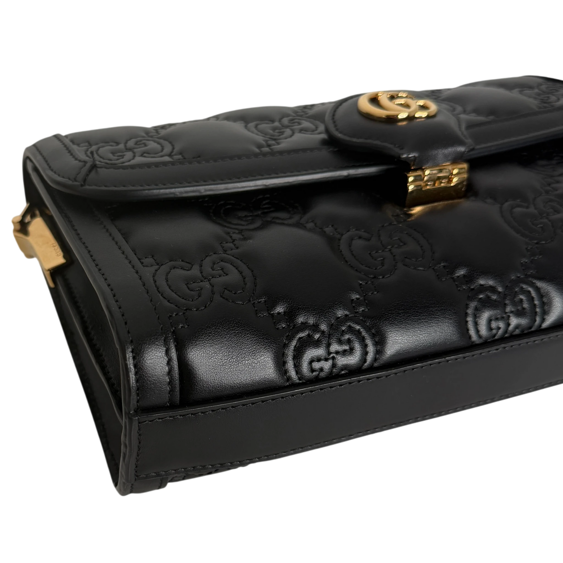 Gucci GG Matelassé Small Shoulder Bag Leder Schwarz Gold 2 Riemen Gucci