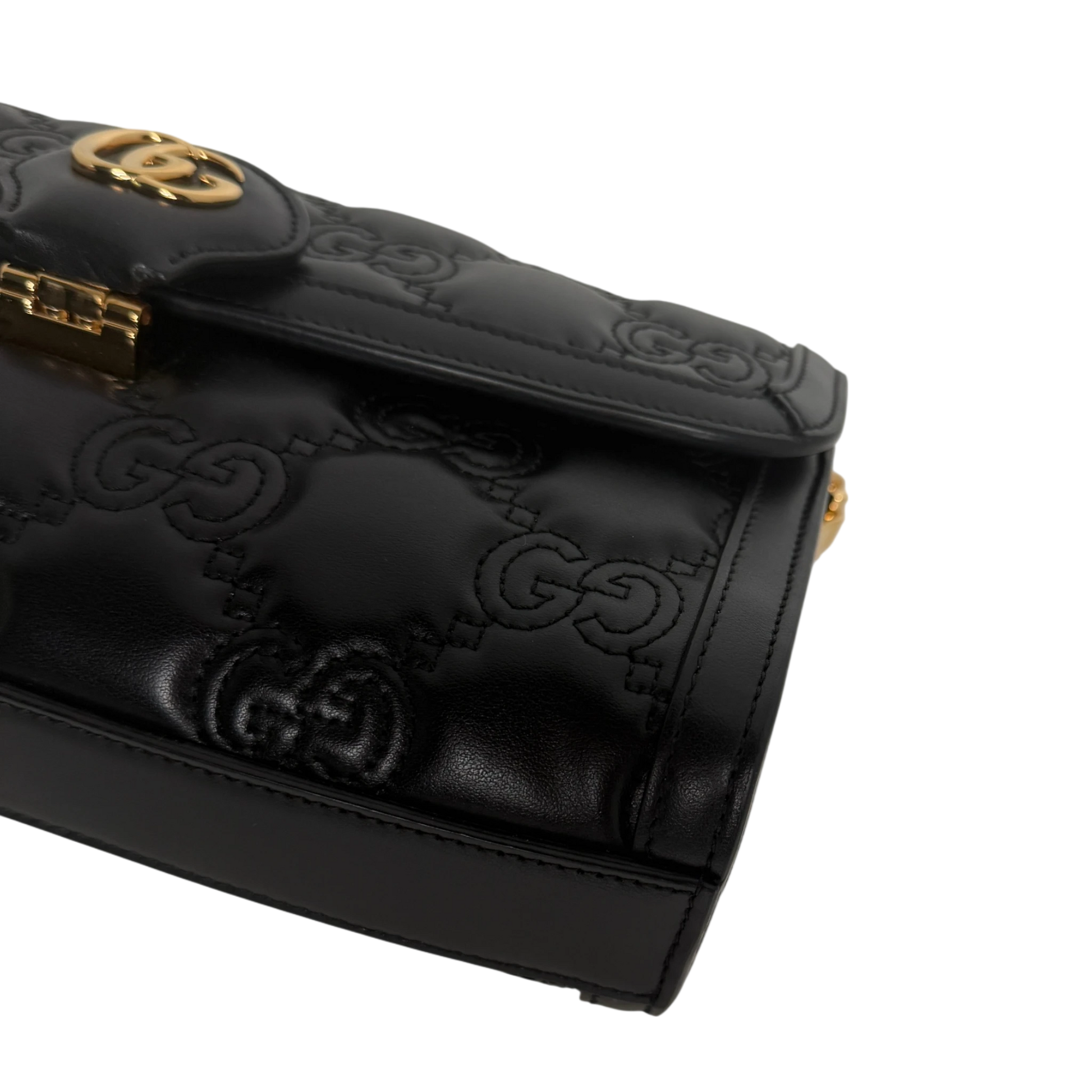 Gucci GG Matelassé Small Shoulder Bag Leder Schwarz Gold 2 Riemen Gucci