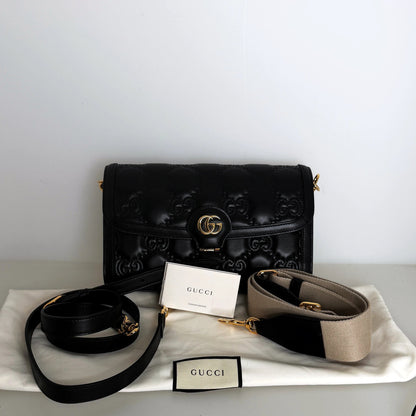 Gucci GG Matelassé Small Shoulder Bag Leder Schwarz Gold 2 Riemen Gucci