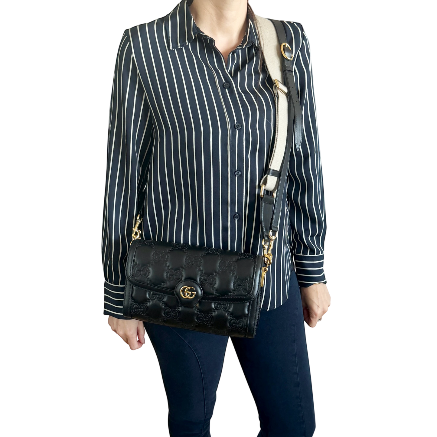 Gucci GG Matelassé Small Shoulder Bag Leder Schwarz Gold 2 Riemen Gucci