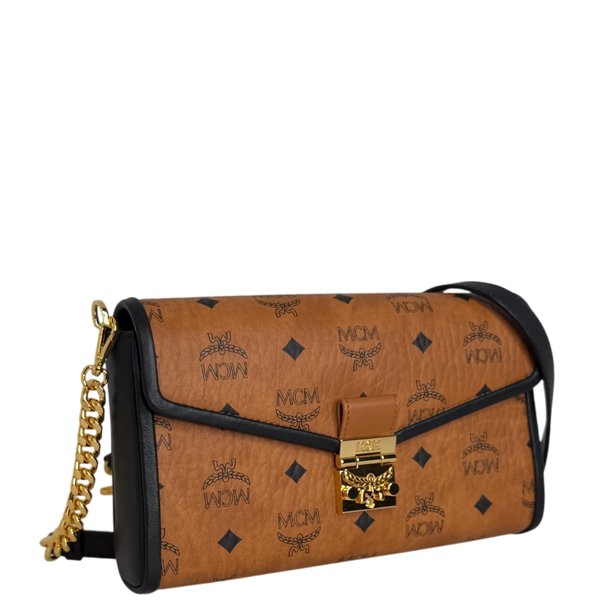 MCM Tracy Medium Crossbody Visetos Cognac Schwarz Gold Kette MCM