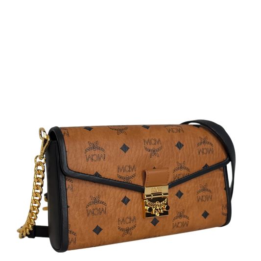MCM Tracy Medium Crossbody Visetos Cognac Schwarz Gold Kette MCM